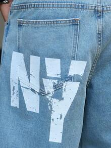 Casual Street Faded Light Blue Straight Loose Letter Print Jeans, Spring/Summer - Blue - View 2