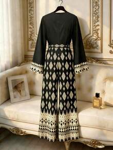 Franclia V-Neck Pleated Fashionable Minimalist Elegant Delicate Ethereal Long Sleeve Black & Gold Foil Print Jumpsuit, Women's Spring Autumn Apparel, Graceful Romantic Women's Clothing, Autumn Women's Wear, Women's Banquet Jumpsuit, Women's Black Jumpsuit, Women's High-End Black & Gold Jumpsuit - Black - View 2