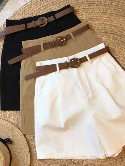 INAWLY Women's Black & White Plaid Casual/Business 3 PiecesShorts Set (Belt Not Included)