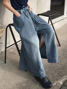 FRIFUL Quần jean ống rộng bằng cotton thắt eo dành cho nữ - Màu xanh lam - Xem 4