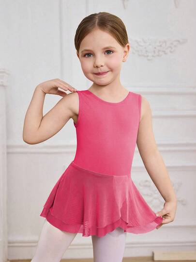 Young Girls Sleeveless Ballet Dress, Fuchsia, High Stretch Smooth Fabric With Soft Mesh Skirt Layer, Suitable For Ballet Performance, Competition And Training