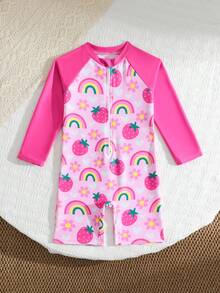 SHEIN 女童动物印花长袖连体泳衣，可爱动物园图案，防晒，夏季 - 彩色 - 查看 5