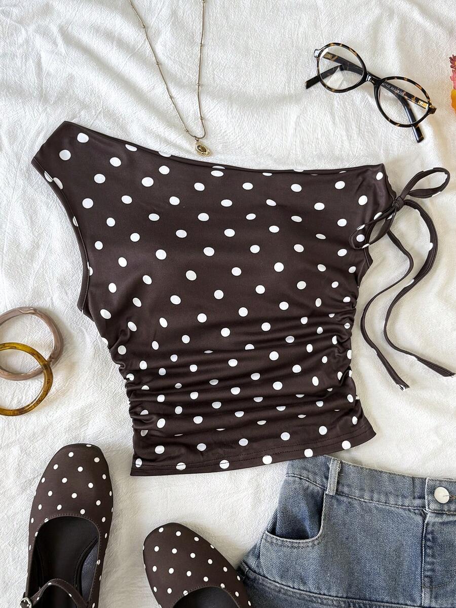 SHEIN Top de tirantes asimétrico con lunares para niña preadolescente - Caqui - Ver 1