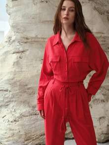 MOTF PREMIUM WOMEN'S LINEN FLOWY TASSEL WAIST TIE LOOSE JUMPSUIT, SPRING/SUMMER - Red - View 5