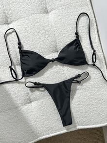 Swim Mod Black Fabric Bikini Set For Women With Plain Thongs And Tie Back Details - Black - View 3