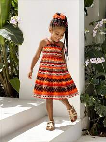 SHEIN Vintaside Kids 1件女童夏季橘色波希米亞風掛脖洋裝，復古紋理提花布料A字版型，海灘度假陽光裙，適合女孩與少女 - 彩色 - 查看 8