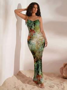 Opulessa 休闲度假风性感野性绿色扎染花卉豹纹图案露背连衣裙，适合春夏假期穿着 - 彩色 - 查看 3