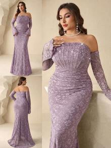 Plus Size Beaded Lace Off Shoulder Elegant Evening Dress - Purple - View 1
