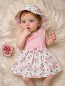 SHEIN Baby GirlElegant Houndstooth Ribbed Fabric Spaghetti Strap Ruffle Trim Dress With Hat, Cute For Spring/Summer - Pink - View 8