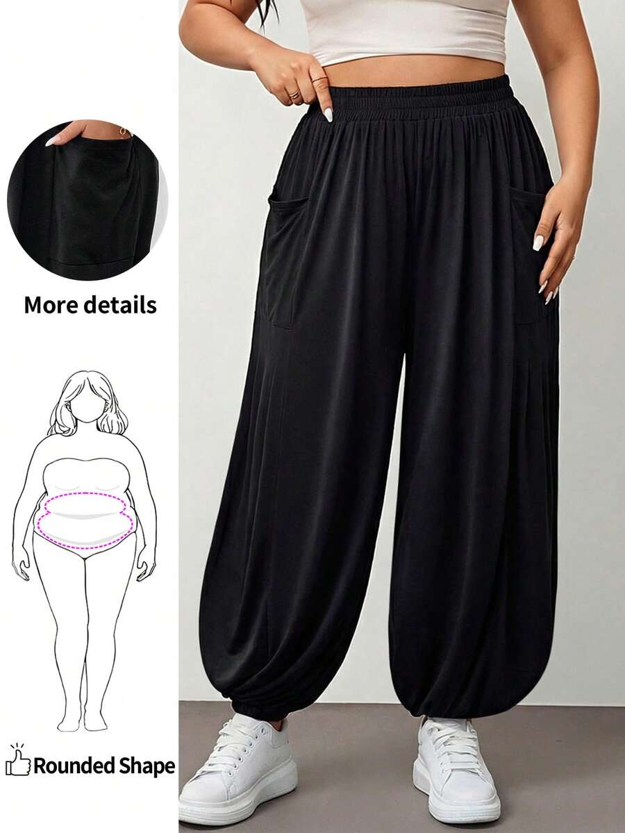 Enliva Plus Size Black Loose Knit Long Women Jogger Pants, For Apple And Rounded Body Shape - Black - View 1