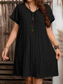 Enliva Plus Size Solid Color Short Sleeve V-Neck Dress, Fashionable For Summer, For Apple And Rounded Body Shape - Black - View 3
