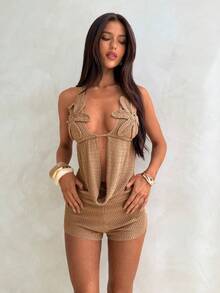 Aloruh Women's Sexy Backless Crochet 2 Pieces Set, Elegant Summer Outfit - Khaki - View 3