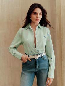 Anewsta Elegant Embroidered Design Green Striped Casual Blouse For Women, Suitable For Spring To Summer - Green - View 6