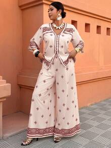 Breezaya Plus Size Women's Casual Cardigan And Straight Leg Pants Two Pieces Set, Spring/Summer - Multicolor - View 3