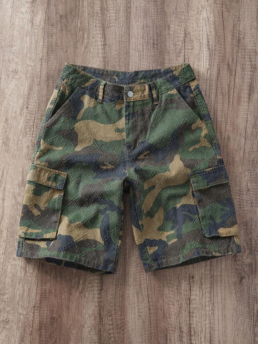 Manfinity Joysei Men's Summer Camouflage Diamond Crochet Cargo Denim Shorts, Loose Wide Leg - Army Green - View 1