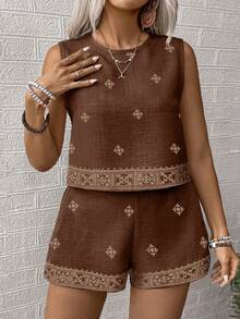 SHEIN LUNE CURVE Large-Sized Woven Printed Casual Summer Women's Two Pieces Set Brown 2 Piece Set Casual Two Piece Set Women Summer 2 Pieces Sets Comfortable Two Piece Set - Brown - View 3