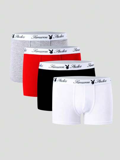 PLAYBOY X SUMWON 4 Pack Men's Comfort Fit Trunks Underwear Pack With Logo Waistband Daily Essential Brief Style Undergarments