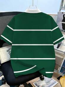 Manfinity Joysei 男士简约绿白条纹纽约字母 Polo 衫，适合上学、外出和送朋友。 - 彩色 - 查看 2
