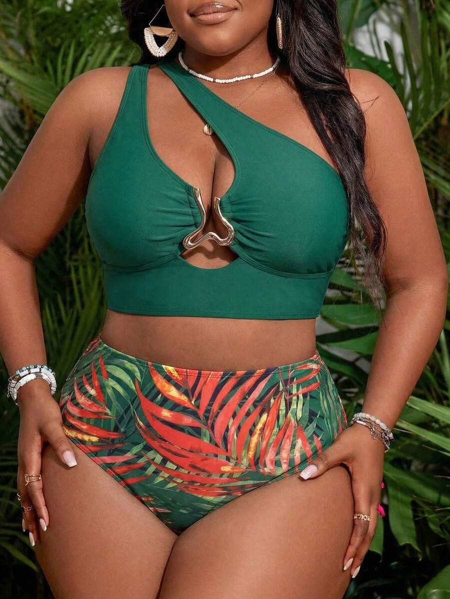 Slaydiva Plus Size Women's Swimwear Set, One-Shoulder Top With Musical Note Metal Decor & Printed Triangle Bottoms, Suitable For Beach, Pool, Yacht - Multicolor - View 1