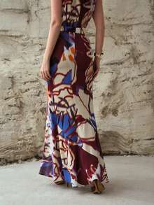 MOTF PREMIUM WOMEN'S LINEN PRINTED MERMAID HEM SKIRT - Multicolor - View 3