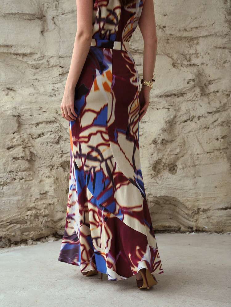 WOMEN'S LINEN PRINTED MERMAID HEM SKIRT