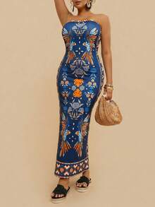 Travachic Women's Blue Strapless Knit Abstract Floral Print Symmetrical Pattern Boho Maxi Dress,Plus Size Summer Vacation Holiday Beachwear Outfits - Blue - View 17