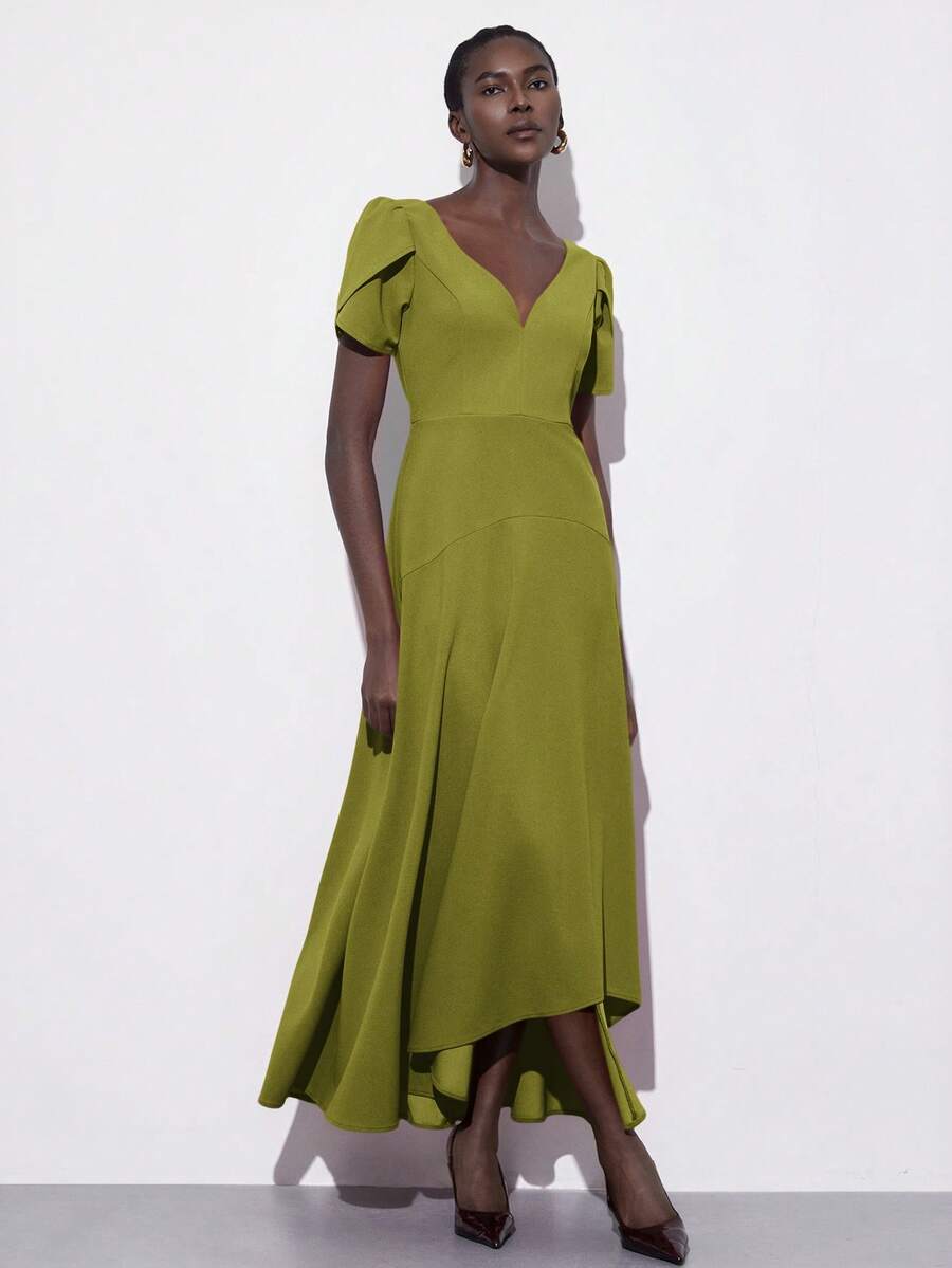 Aveloria Modichic 女士欧美风V领收腰褶皱喇叭形纯色针织无袖优雅连衣裙，春夏款 - 綠色 - 查看 1