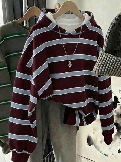 SHEIN EZwear เสื้อสเวตเชิ้ตลำลองย้อนยุคสำหรับผู้หญิง, พิมพ์ลายทางวินเทจ, สำหรับใส่ทุกวัน