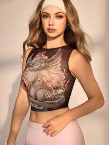 Medorelle Áo croptop không tay bằng vải lưới xuyên thấu - màu đen - Xem 6