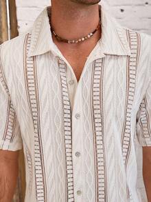 VENTUSAIL 男士波西米亚风单排扣纹理短袖衬衫 - 米色 - 查看 4