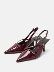 秋冬女士红色尖头高跟鞋、高跟凉鞋、猫跟鞋、婚鞋、正装鞋、交叉绑带露跟高跟凉鞋，优雅派对鞋 - 酒紅色 - 查看 4