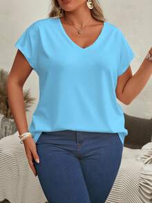 EMERY ROSE Plus Size Women's Summer Solid V-Neck Short Sleeve Casual T-Shirt - Multicolor - View 4