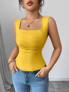 Rafferiza 女士纯色方领褶皱设计休闲背心 - 黃色 - 查看 6