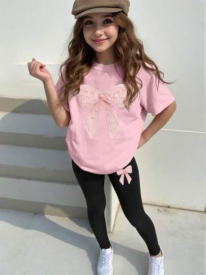 Spring And Summer Girls' Casual Fashion Creative Personality Refreshing Minimalist Shiny Faux Pearl Bow Decor Graphic Print Comfortable Basic Short T-Shirt And Leggings Set, Suitable For Everyday Wear