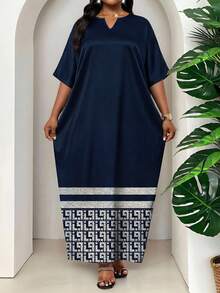 SHEIN Lady Plus Size Spring, Summer, Autumn And Winter Elegant Navy Blue  Braided Notch Robe Dress Plus Size Dress - Navy Blue - View 4
