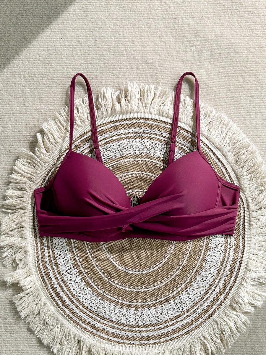 Swim Basics 女士纯色泳衣上装，适合度假、海滩、科切拉音乐节等场合 - 酒紅色 - 查看 1