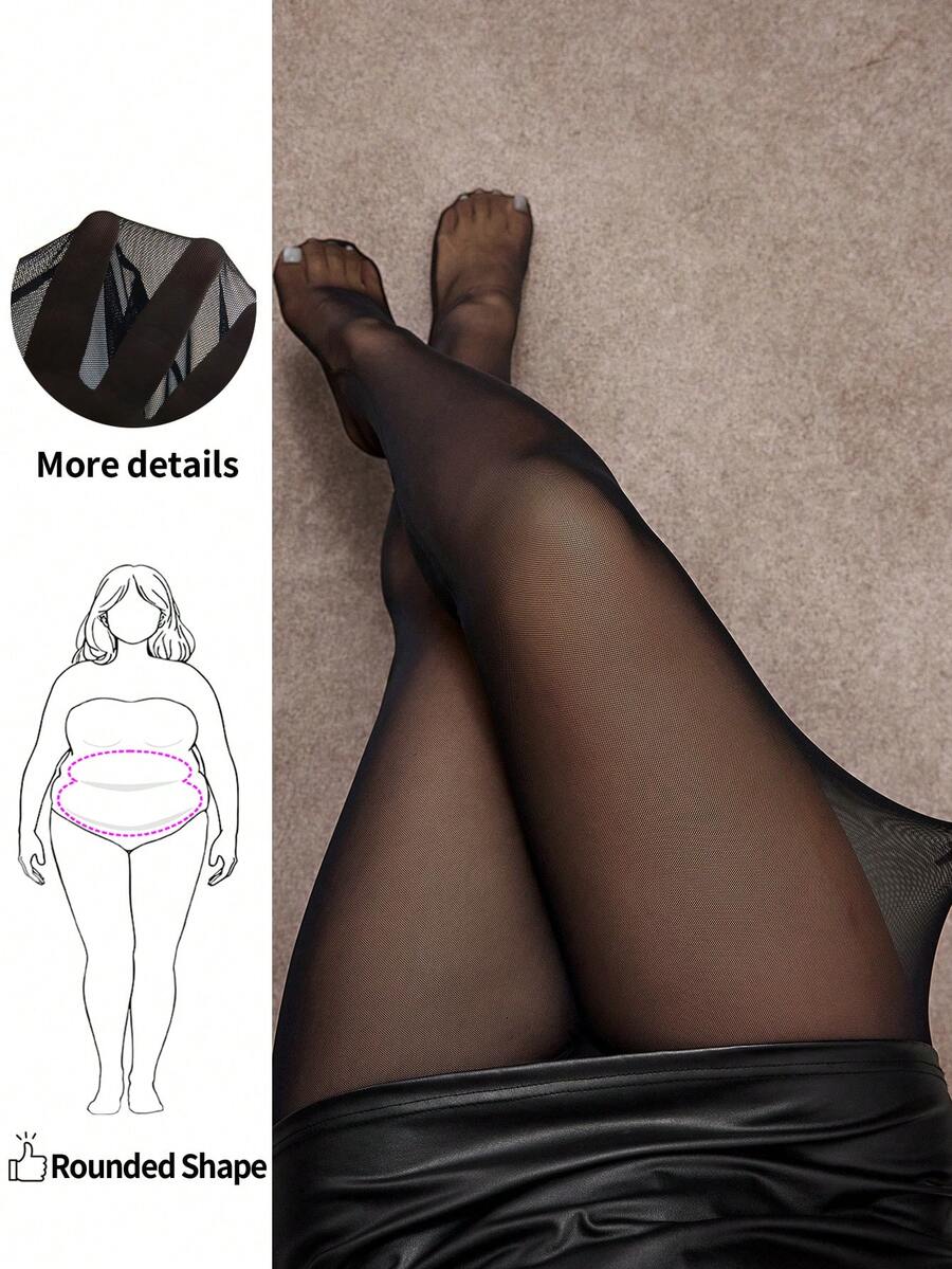 Enliva 大码女士纯色连裤袜，性感透视高弹力紧身裤，适合苹果型和圆润身材，夏季必备 - 黑色 - 查看 1