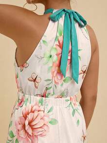 Travachic Bộ jumpsuit cỡ lớn cổ yếm xẻ tà, họa tiết nhiệt đới, hở vai, dáng rộng thanh lịch, thích hợp mặc hàng ngày và đi nghỉ mát, mùa xuân/hè, họa tiết đối xứng. - Nhiều màu - Xem 5
