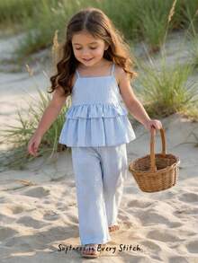 Cozy Pixies 2pcs Baby Girl Blue & White Striped Camisole Top And Elastic Waist Pants Set Blue Two Piece Set Toddler Outfits 2 Piece Ruffles Baby Girl Blue Two Piece Baby Girl Outfit Set - Blue and White - View 6