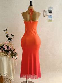 Soleia 女士度假针织网纱渐变色浪漫修身露背系带金属扣装饰鱼尾连衣裙，适合派对、约会、下午茶等场合，性感优雅 - 彩色 - 查看 2