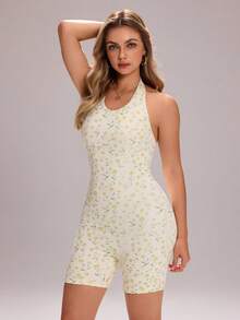 Sovereign Charm U-Neck Halter Backless Sleeveless Ditsy Floral Fitted Jumpsuit - Multicolor - View 4