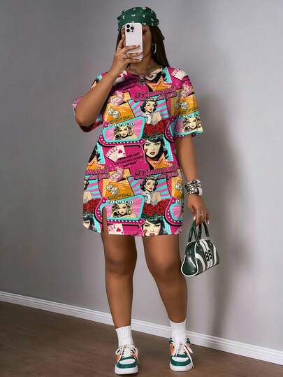 Vestido, ropa deportiva y uniforme de competición de estilo callejero de moda con estampado de periódico retro de cuello redondo minimalista casual para mujeres de talla grande