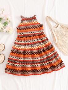 SHEIN Vintaside Kids 1件女童夏季橘色波希米亞風掛脖洋裝，復古紋理提花布料A字版型，海灘度假陽光裙，適合女孩與少女 - 彩色 - 查看 2