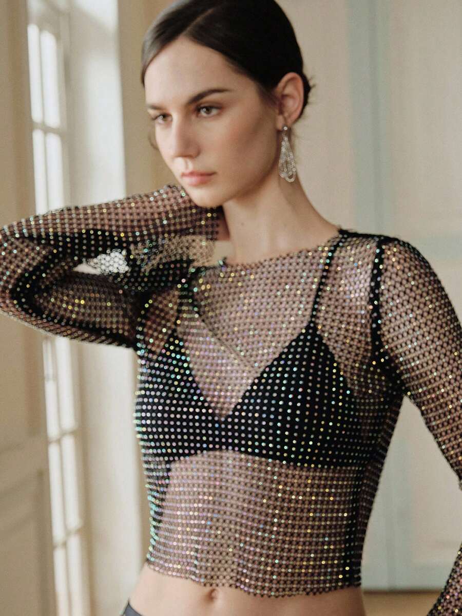 Anewsta High-End Design Black & Gold Rhinestone Mesh Long Sleeve Cropped Top, Mature Women's Theme Party Trendsetter Chic Outfit - Black - View 1