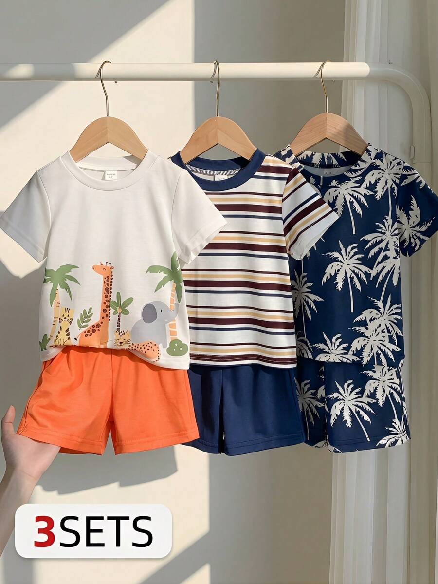 SHEIN Playful Pals 3件套男宝宝度假风可爱动物条纹椰树印花针织短袖上衣搭配松紧腰短裤,适合男宝宝休闲穿着、户外活动、拍照、春夏穿着。 - 彩色 - 查看 1