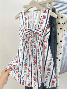 GlowEve CURVE Plus Size V-Neck Floral Striped Bow Decor Sleeveless Dress For Women - Multicolor - View 1