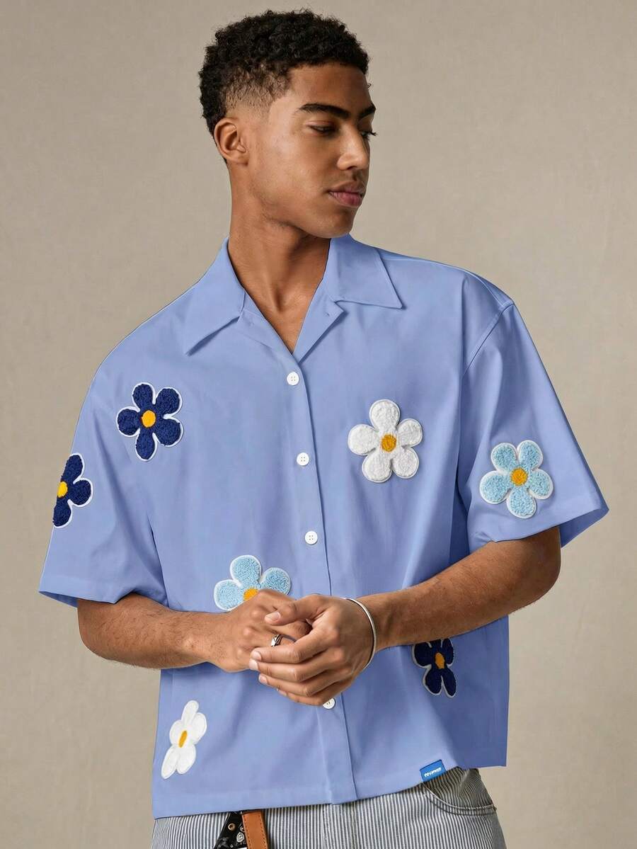 SWAVVY Men's Casual Loose Fit Short Sleeve Woven Shirt - Blue - View 1