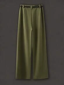 Franclia 高腰宽松直筒裤，配腰带，卡其色，休闲商务两相宜，春秋季女士工作裤，裹身裤，女士长裤，工作裤 - 軍綠色 - 查看 2
