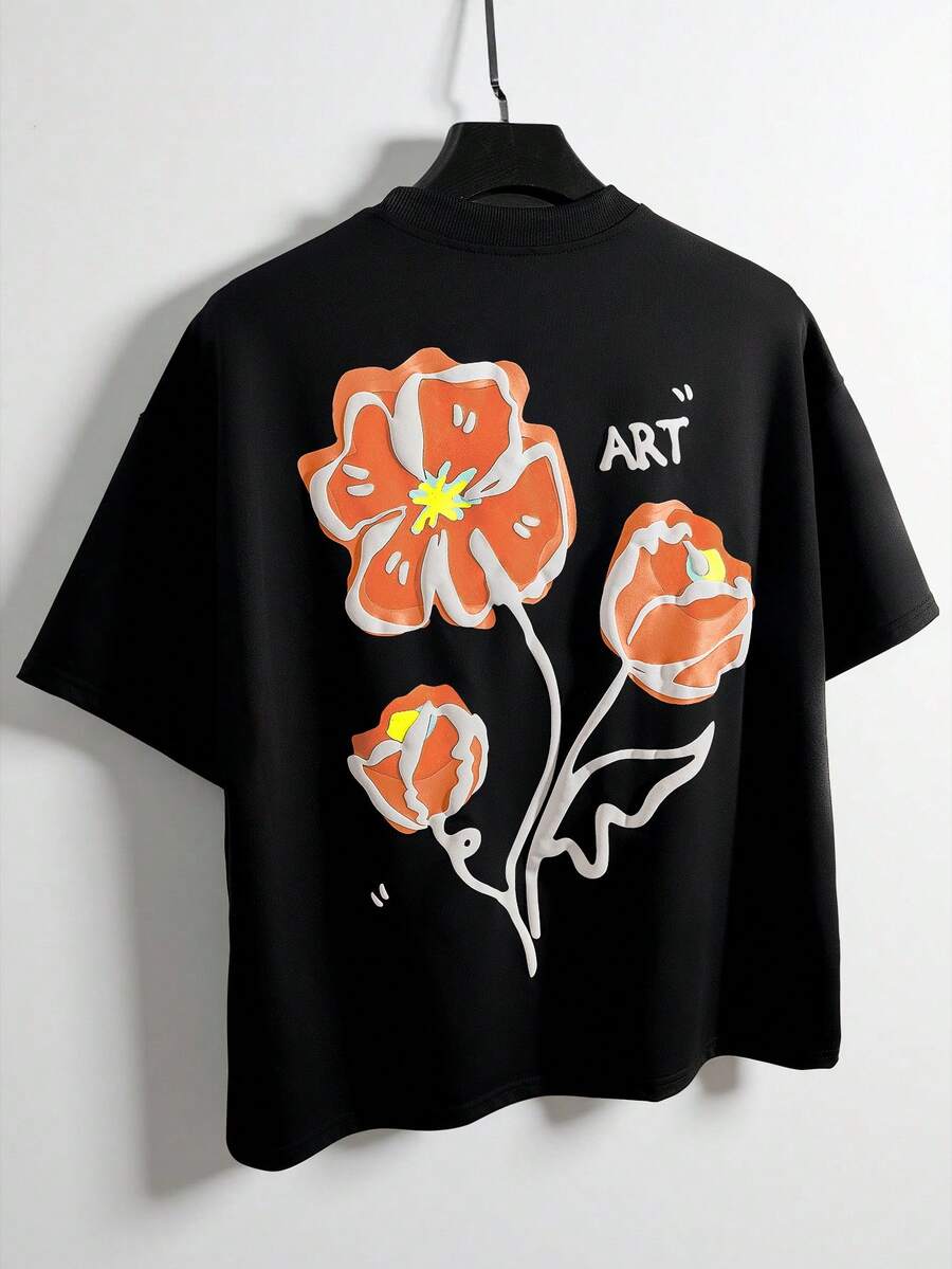 Manfinity EMRG 男士花卉壓紋印花短袖T恤,黑色與橘色街頭風夏季城市度假、戶外音樂節日常穿著,送給丈夫的禮物 - 黑色 - 查看 1