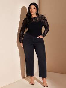 SHEIN BAE 大码女式黑色蕾丝拼接衬衫 - 黑色 - 查看 5